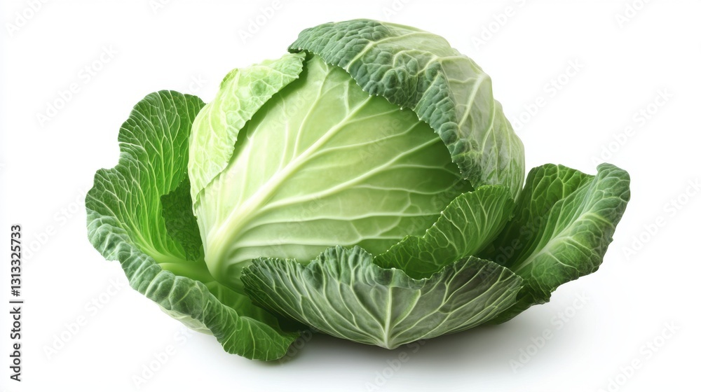 Fresh Green Cabbage with Leafy Layers on White Background Fresh Green Cabbage with Leafy Layers on White Background