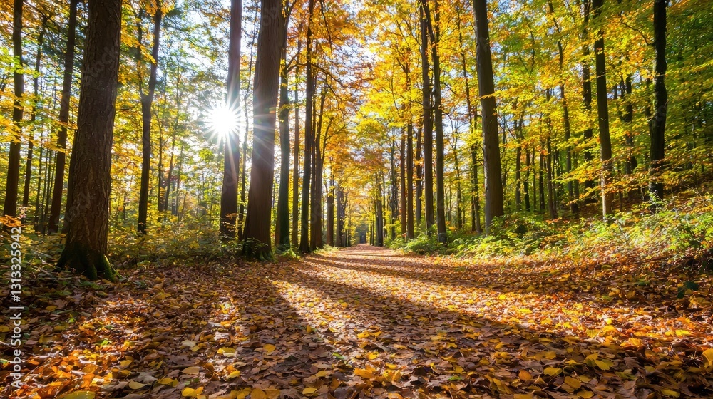 Fototapeta premium Serene Autumn Forest Path with Colorful Leaves and Sunlight