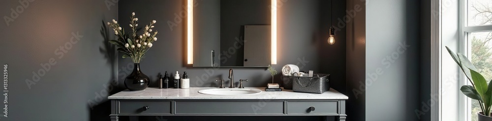 Fototapeta premium Sophisticated gray master, makeup vanity with lighting, bedroom makeover, gray bedding, bedroom inspiration