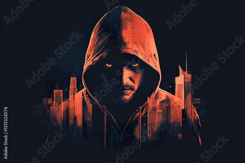 The hooded person with city skyline in the background looks menacing photo