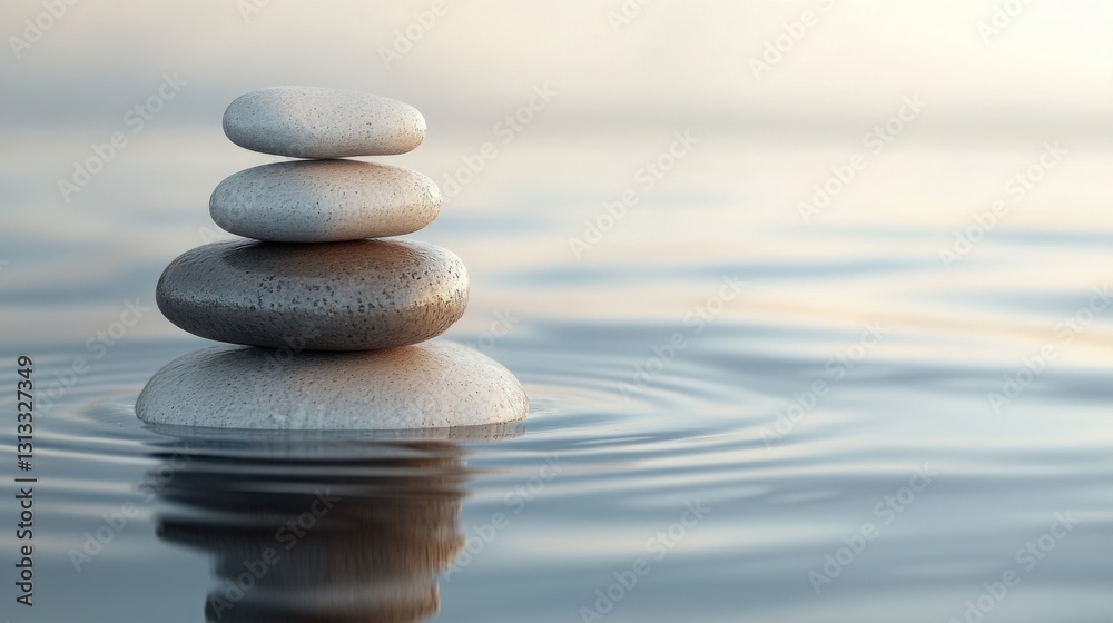 A balanced stack of rocks gracefully positioned in clear water symbolizing mindfulness and inner peace for meditation A balanced stack of rocks gracefully positioned in clear water symbolizing mindfulness and inner peace for meditation