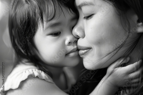 Child shows love and tenderness with a kiss on mother's cheek