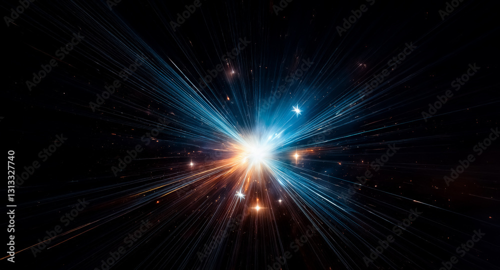 Fototapeta premium Radiant core explodes with energy, casting blue and orange beams in darkness. Vibrant rays emanate outward, illuminating the black backdrop.