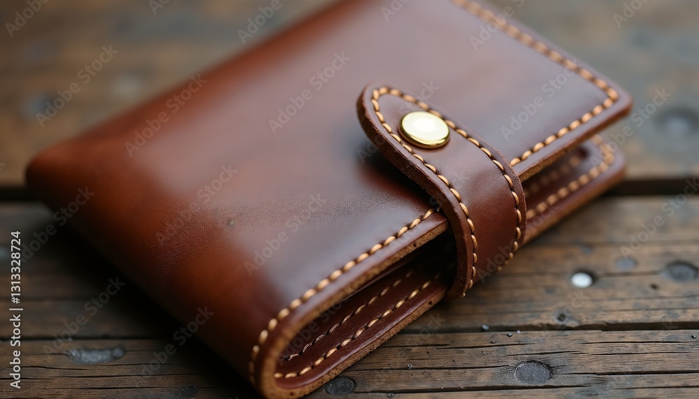Fototapeta premium Rustic handcrafted leather wallet with detailed stitching in deep brown color