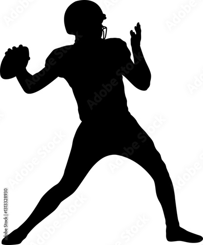 Silhouette of an American football player in action, throwing the ball.