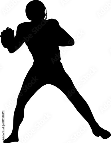 Silhouette of an American football player in action, throwing the ball.