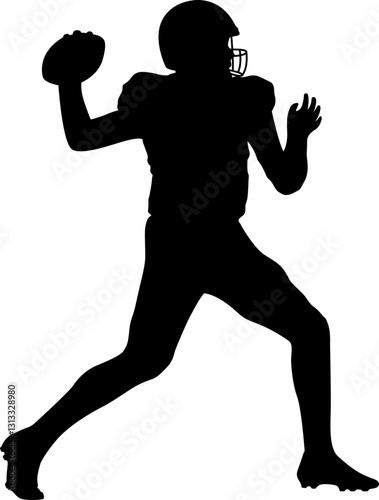 Silhouette of an American football player in action, throwing the ball.