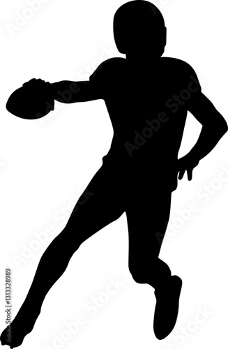 Silhouette of an American football player in action, throwing the ball.