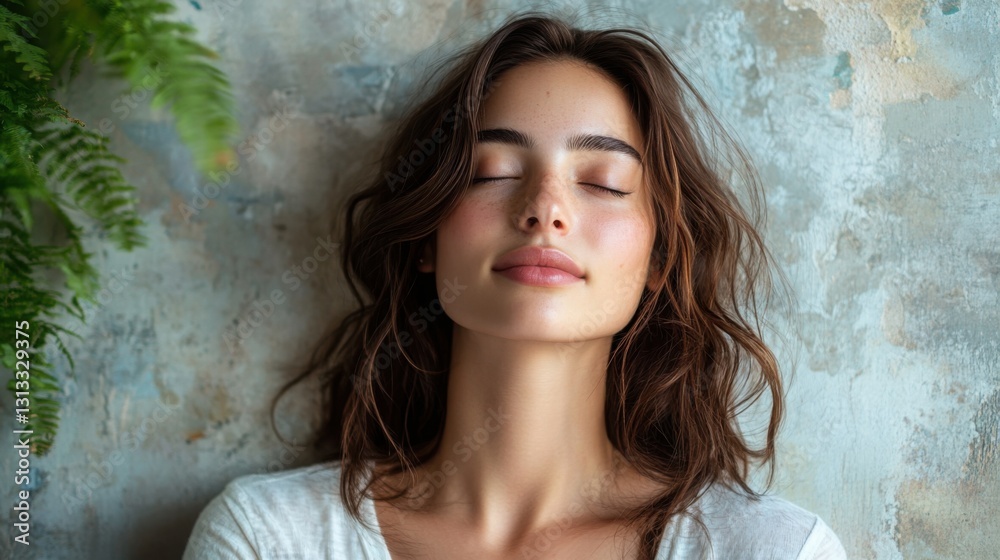 Woman with closed eyes practicing mindfulness and finding inner peace in a calm and serene environment Woman with closed eyes practicing mindfulness and finding inner peace in a calm and serene environment