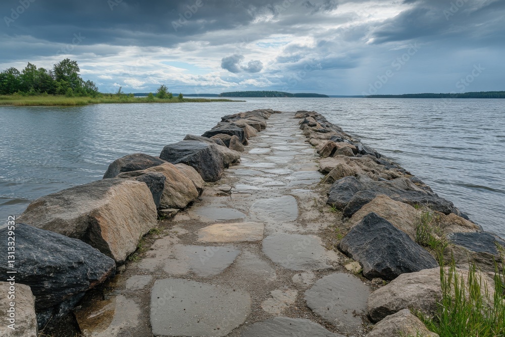 Rocky coastline breakwater with diagonal leading lines and stormy weather lighting and copy space Rocky coastline breakwater with diagonal leading lines and stormy weather lighting and copy space