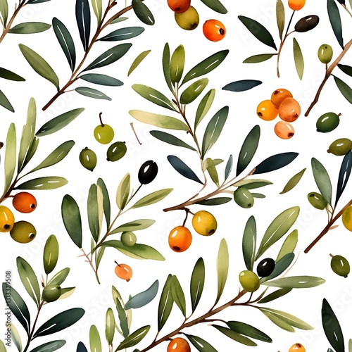Olive Branches Watercolor Seamless Pattern - Mediterranean Botanical Design