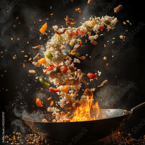 Stir-fried rice and meat tossed high in a wok, flames blazing