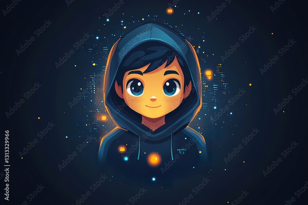 Fototapeta premium A smiling young person wearing a hoodie in a digital world