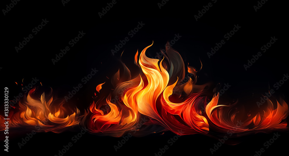 Fototapeta premium Vivid flames dance against a stark black backdrop, showcasing dynamic energy and intense heat. The fiery illustration evokes warmth, power, and a sense of dramatic intensity.