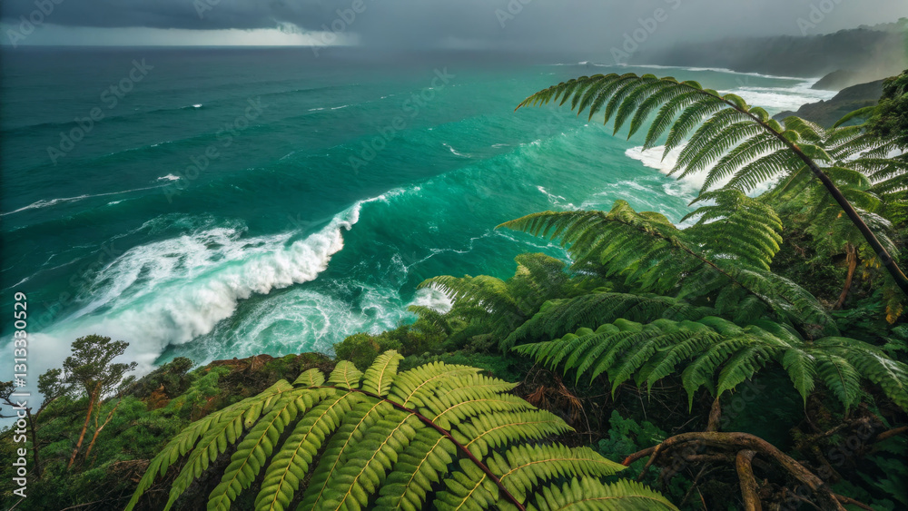 Φωτογραφία Lush green ferns overlooking turbulent ocean waves and rocky coastline, capturing beauty of nature contrast