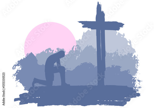 Man in prayer pose at the cross. Brush paint backdrop. Religion concept