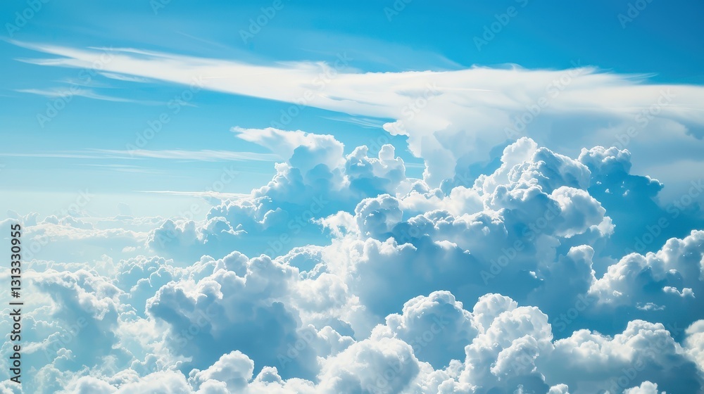 Commercial jet soaring above fluffy cumulus clouds and clear blue sky Commercial jet soaring above fluffy cumulus clouds and clear blue sky