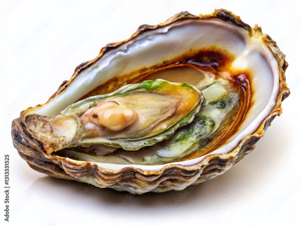 Open Oyster Shell, Intricate Texture, Natural Colors, White Background, Stock Photo Open Oyster Shell, Intricate Texture, Natural Colors, White Background, Stock Photo