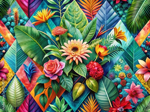 Organic Double Exposure: Geometric Pattern Background Botanical Illustration Stock Photo