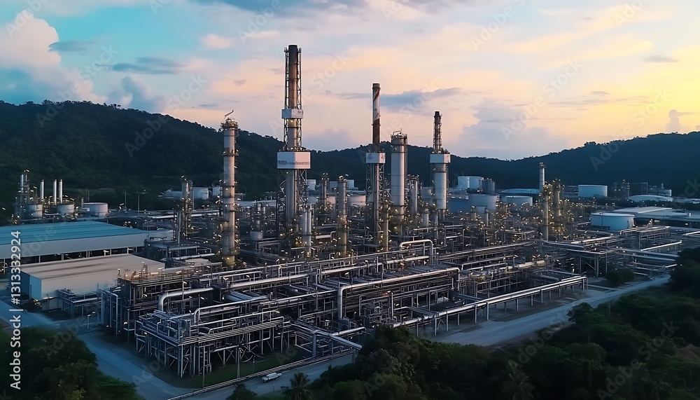 Fototapeta premium Large Industrial Oil Refinery Complex At Sunset