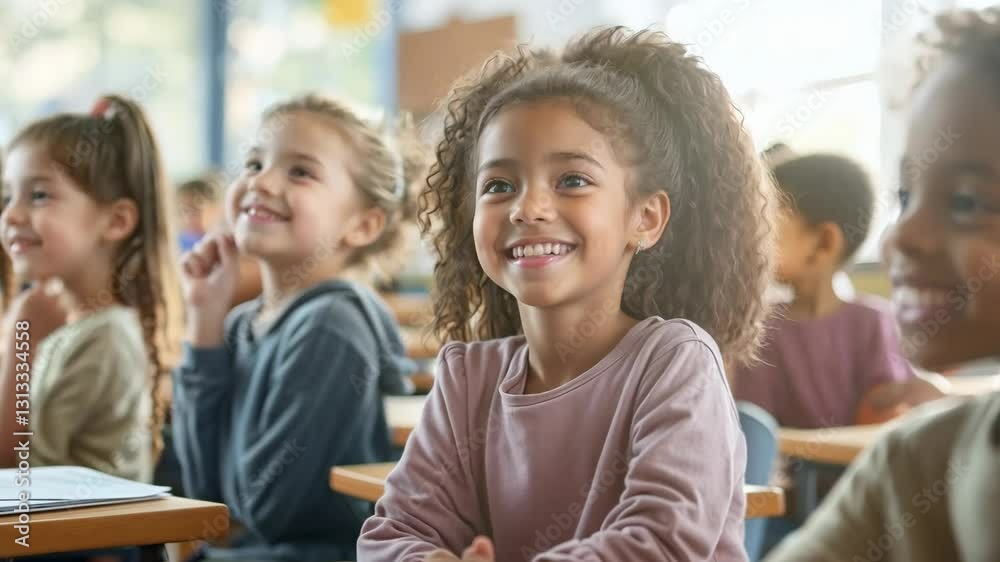 Children in a diverse classroom, smiling and engaged, representing a safe, inclusive, and bullying-free school environment celebrating cultural and ethnic diversity. Children in a diverse classroom, smiling and engaged, representing a safe, inclusive, and bullying-free school environment celebrating cultural and ethnic diversity.