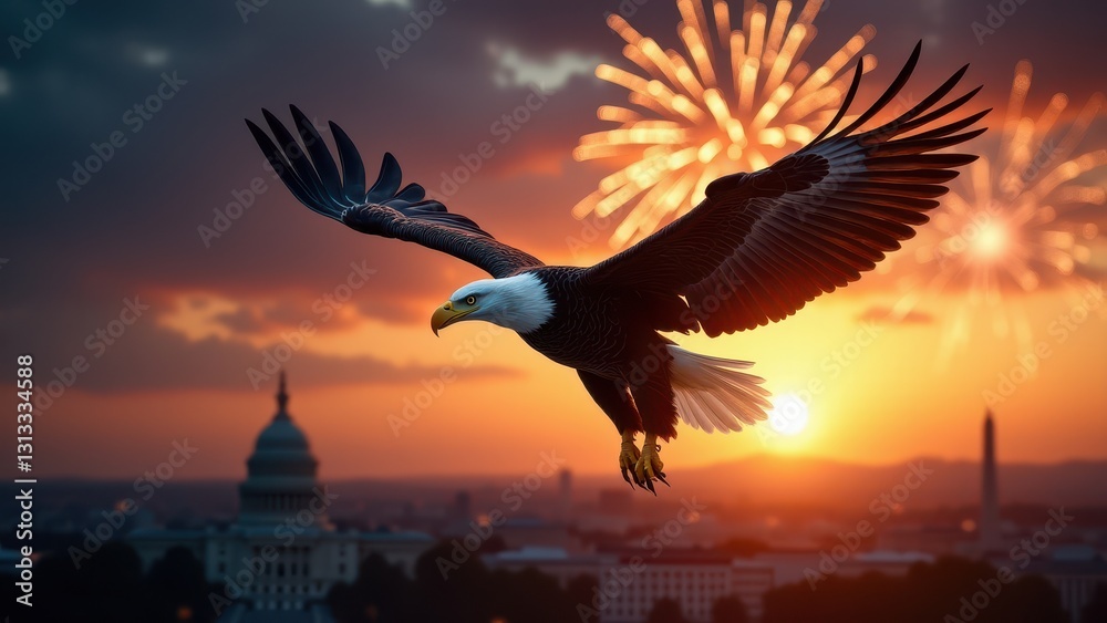 Fototapeta premium U.S. Independence Day, A majestic eagle soaring under fiery twilight skies golden glow amid Independence Day fireworks over D.C.