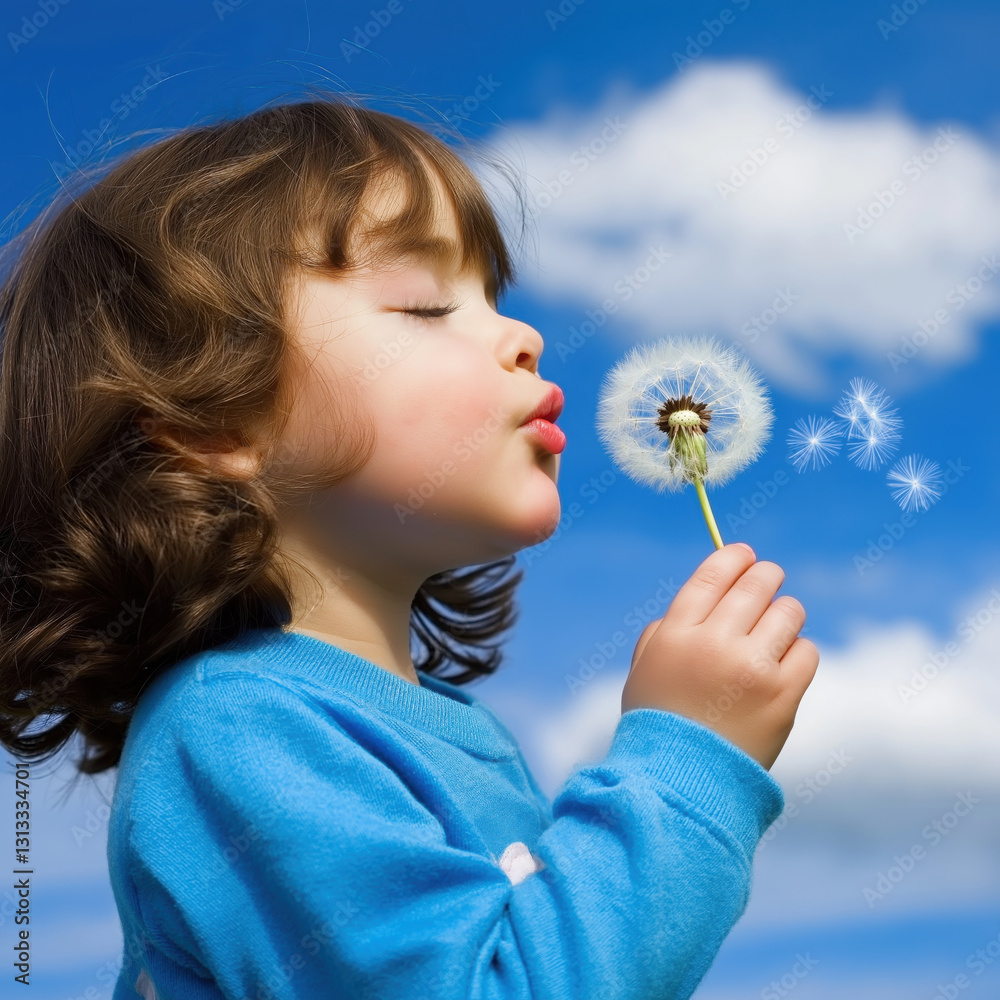Child joyfully blows dandelion seeds into wind against bright blue sky, symbolizing dreams and innocence Child joyfully blows dandelion seeds into wind against bright blue sky, symbolizing dreams and innocence