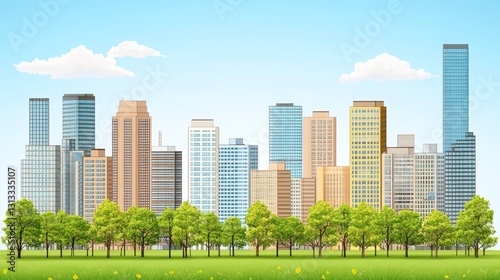 Urban skyline backdrop featuring a city skyline with modern architecture buildings and parkland against a bright blue sky backdrop