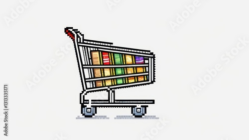  vibrant pixelated shopping cart filled with colorful items
