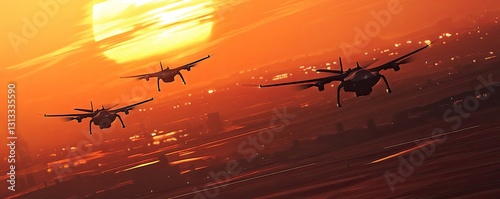 Futuristic Drones Soar Over Sunset City photo