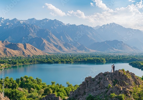 Couple wedding photoshoot mountain lake vista photo