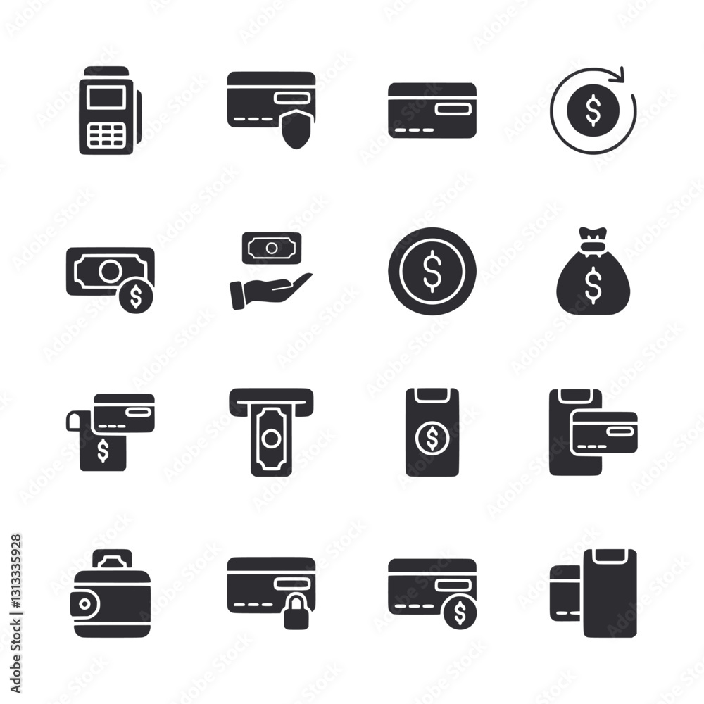 A set of black and white icons for various payment methods A set of black and white icons for various payment methods