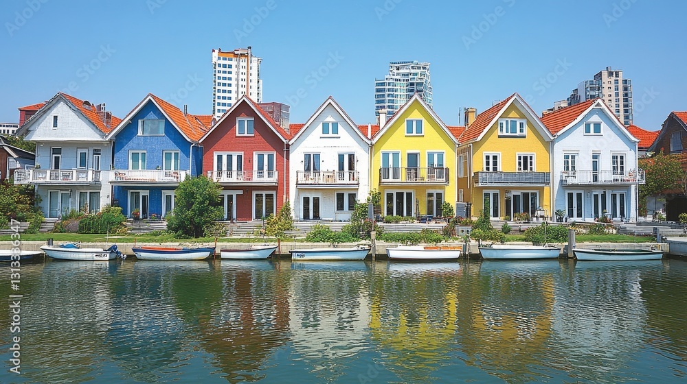 Vibrant waterfront homes with reflections capturing a colorful neighborhood scene under clear skies ideal for real estate or tourism Vibrant waterfront homes with reflections capturing a colorful neighborhood scene under clear skies ideal for real estate or tourism