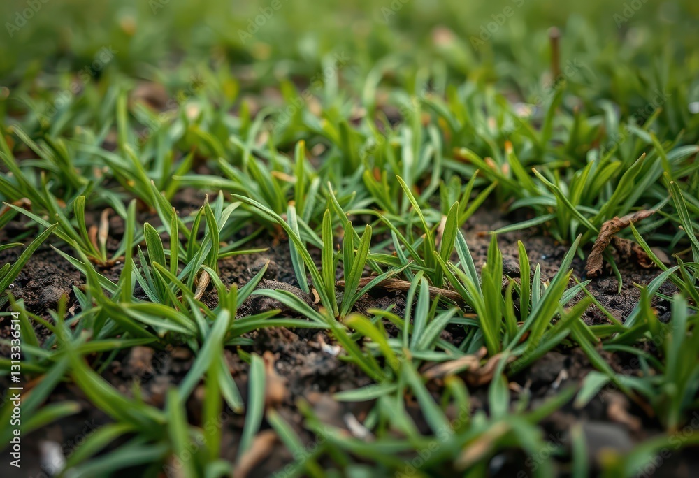 Close-up view of a textured football pitch, showing grass blades and soil, detail, rough