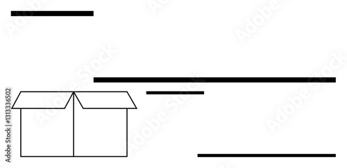 Open box in simple design with horizontal lines portraying openness, containment, or structure. Ideal for organization, storage, simplicity, minimalism, logistics focus innovation. Clean flat
