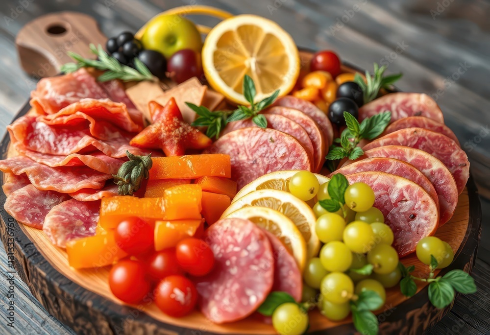 A vibrant arrangement of cured meats and fresh fruit on a rustic wooden board, closeup, wooden board A vibrant arrangement of cured meats and fresh fruit on a rustic wooden board, closeup, wooden board