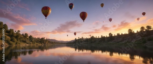 Individual balloons floating above the San Juan River in Pagosa Springs at sunset , colorful, natural photo