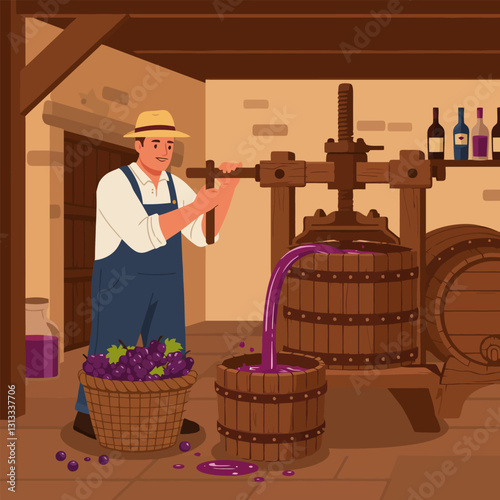 Man Crushing Grapes for Wine Production with Wooden Press