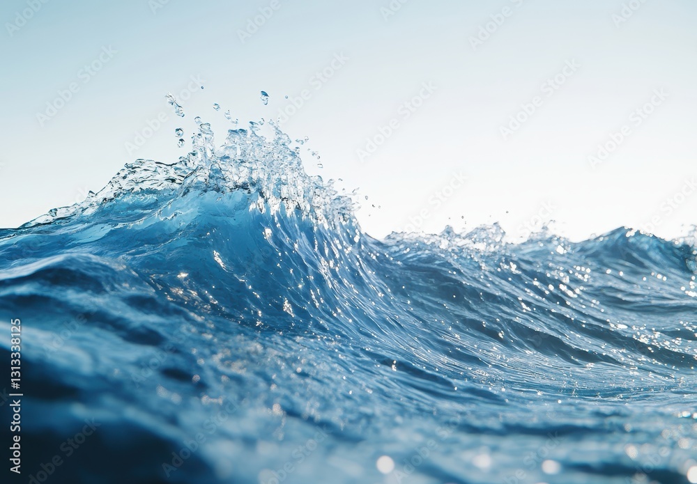 Beautiful ocean wave splashing in sunlight capturing the essence of nature's power and serenity during a calm day on the sea in a clear blue sky Beautiful ocean wave splashing in sunlight capturing the essence of nature's power and serenity during a calm day on the sea in a clear blue sky