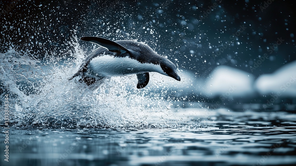 Obraz premium Energetic Gentoo Penguin Leaping From the Water in Antarctica, Showcasing Wildlife Agility and Splashes