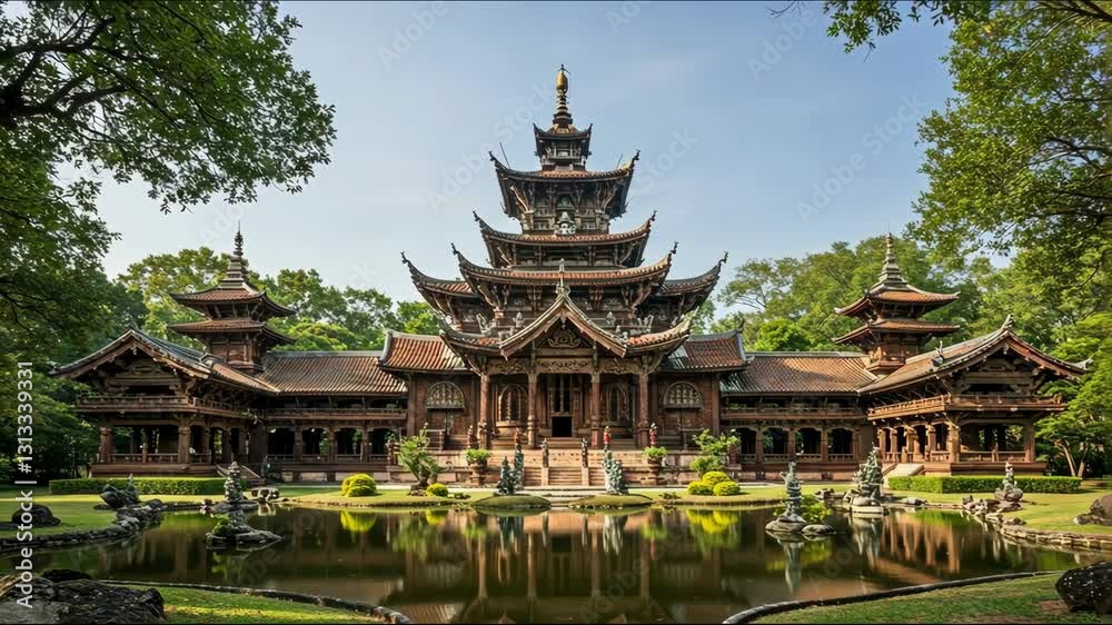 A serene traditional temple surrounded by lush greenery and water A serene traditional temple surrounded by lush greenery and water