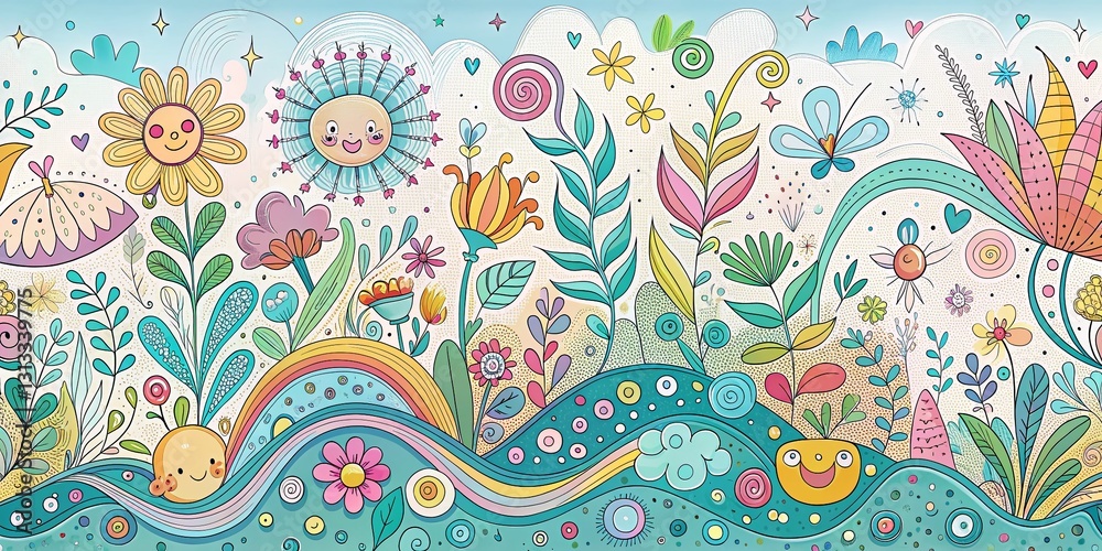Panoramic Whimsical Nature Doodle Art Background Design Panoramic Whimsical Nature Doodle Art Background Design
