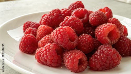 Wallpaper Mural Fresh raspberries piled on white plate, showcasing their vibrant red hue and juicy texture. Perfect for desserts or healthy snacks Torontodigital.ca