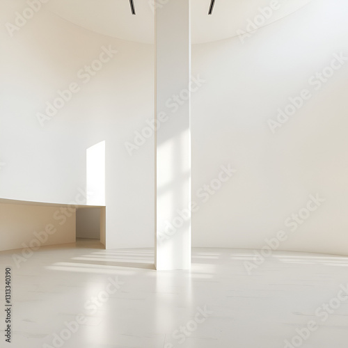 A minimalist indoor space featuring a central column, with soft lighting highlighting the clean and modern architectural design, evoking elegance and tranquility.