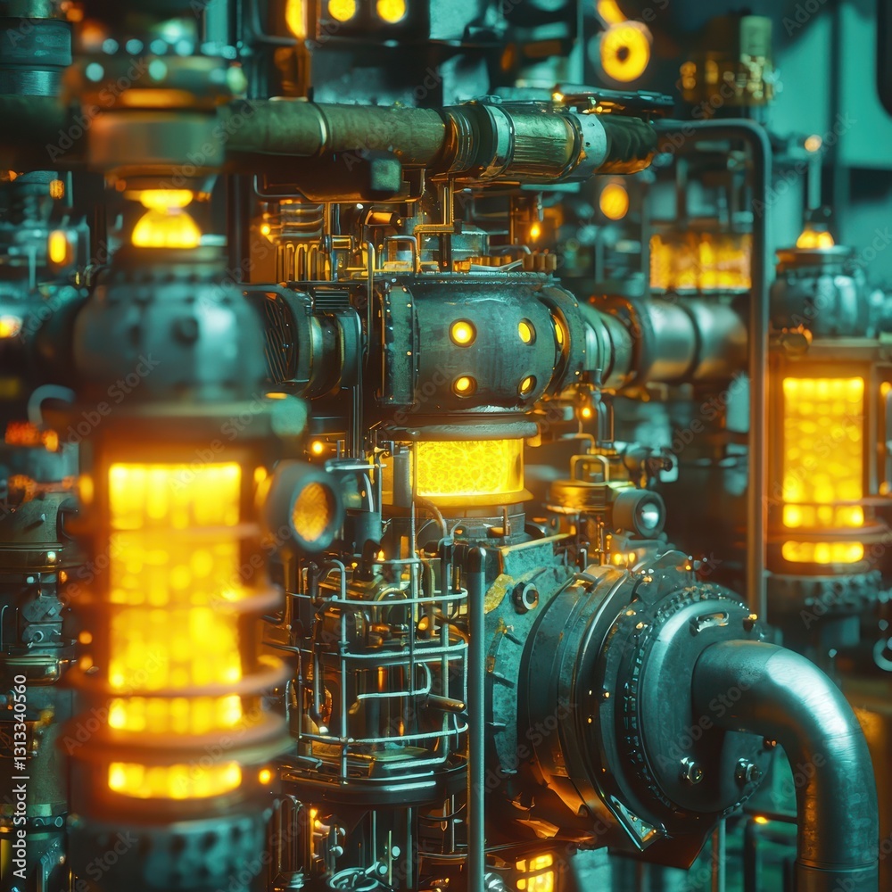 Intricate Industrial Machinery with Gleaming Pipes and Lit Gauges Intricate Industrial Machinery with Gleaming Pipes and Lit Gauges