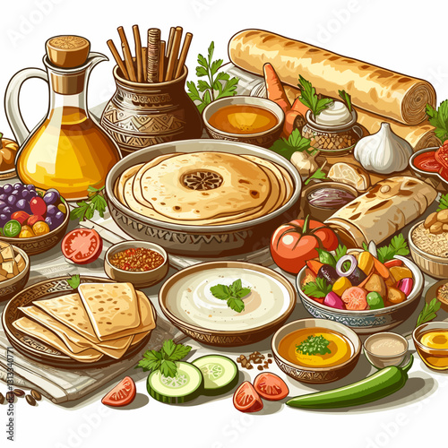Traditional Middle Eastern cuisine with bread and dips