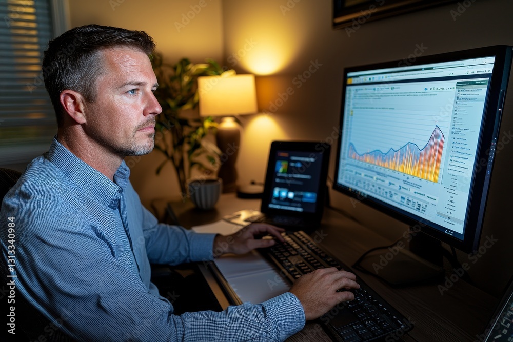 A man analyzes data on computer screens, highlighting graphs and trends in a dimly lit room. A man analyzes data on computer screens, highlighting graphs and trends in a dimly lit room.