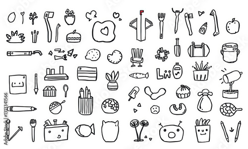 Doodles of various cute objects including plants, utensils, and food items create whimsical and playful atmosphere. This collection showcases creativity and fun in everyday items