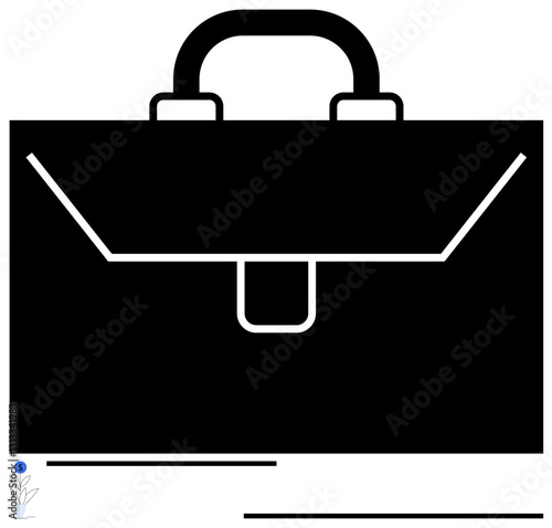 Black briefcase with a sleek, clean look and a central clasp for closure. Ideal for business, career, work, professionalism, corporate identity, finance, mobility flat simple metaphor