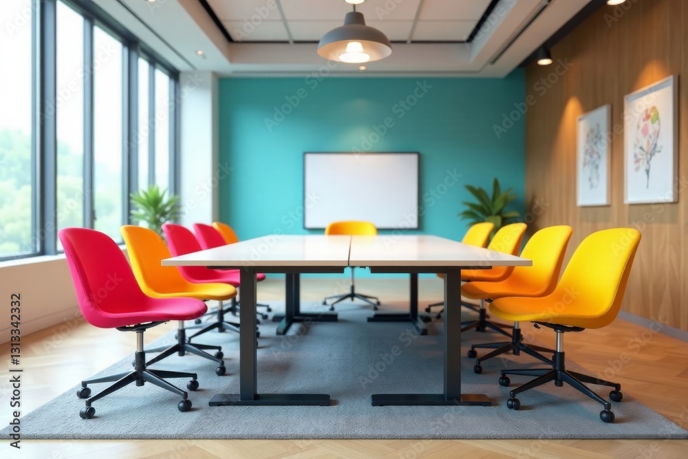 Brightly colored chairs arranged in a flexible conference room, discussion, project Brightly colored chairs arranged in a flexible conference room, discussion, project